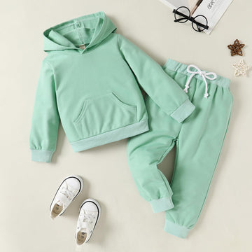 Happy Town Toddler Fall Outfits For Girl Boy Long Sleeve Hoodie Top And Long Sweatpants Set Toddler Sweatsuit (Solid Color-Green