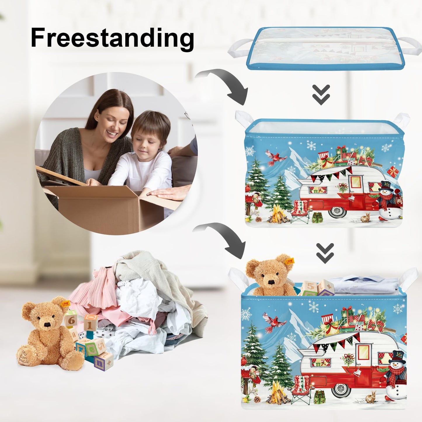 Clastyle Camping Caravan Christmas Gift Basket Winter Outdoor Deer Red Bird Snowman Storage Bin Snowflake Xmas Tree Kid Clothes