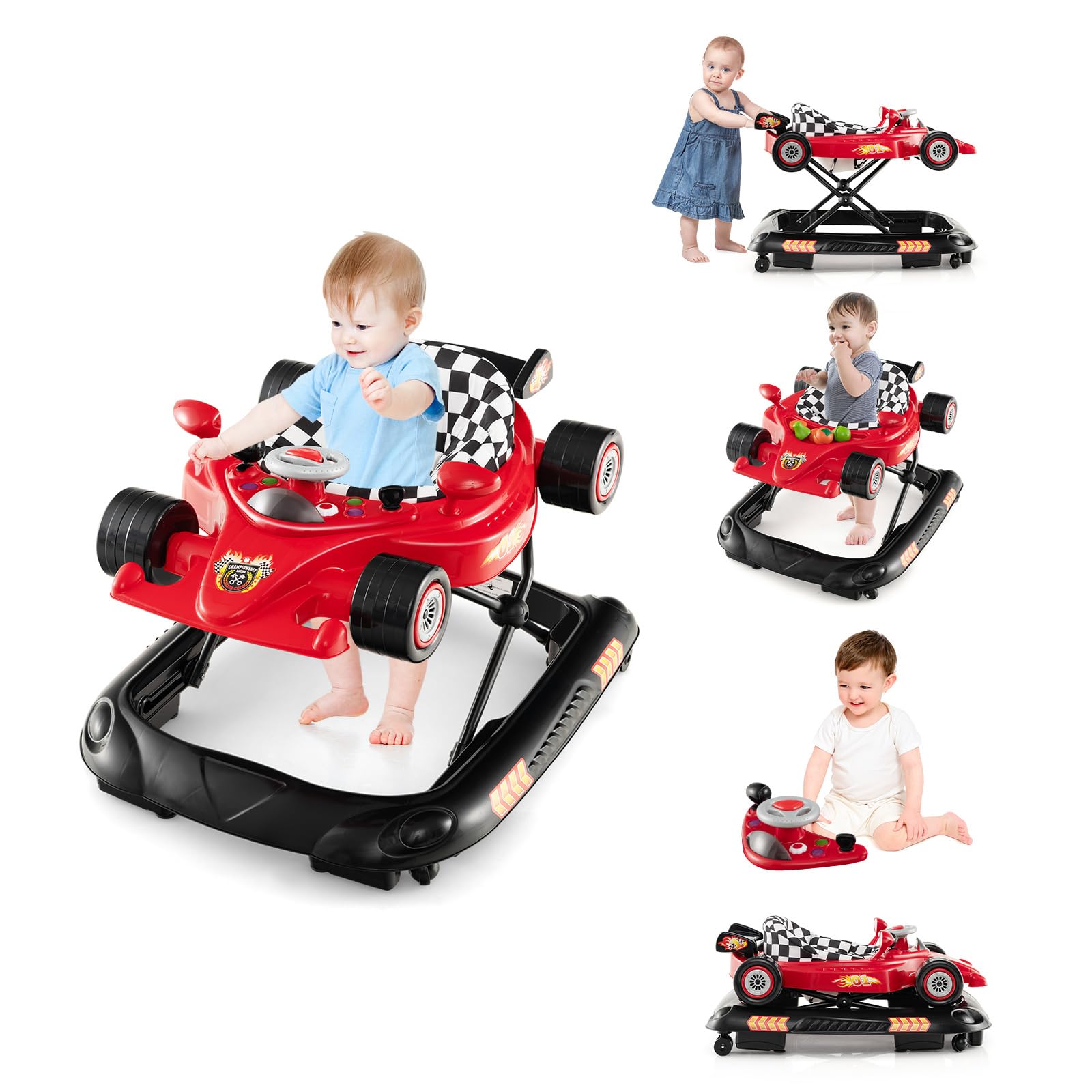 Baby Joy 4-In-1 Baby Walker, Foldable Activity Walker With Adjustable Height, Music & Lights, Anti-Rollover, Toddler Push Walker