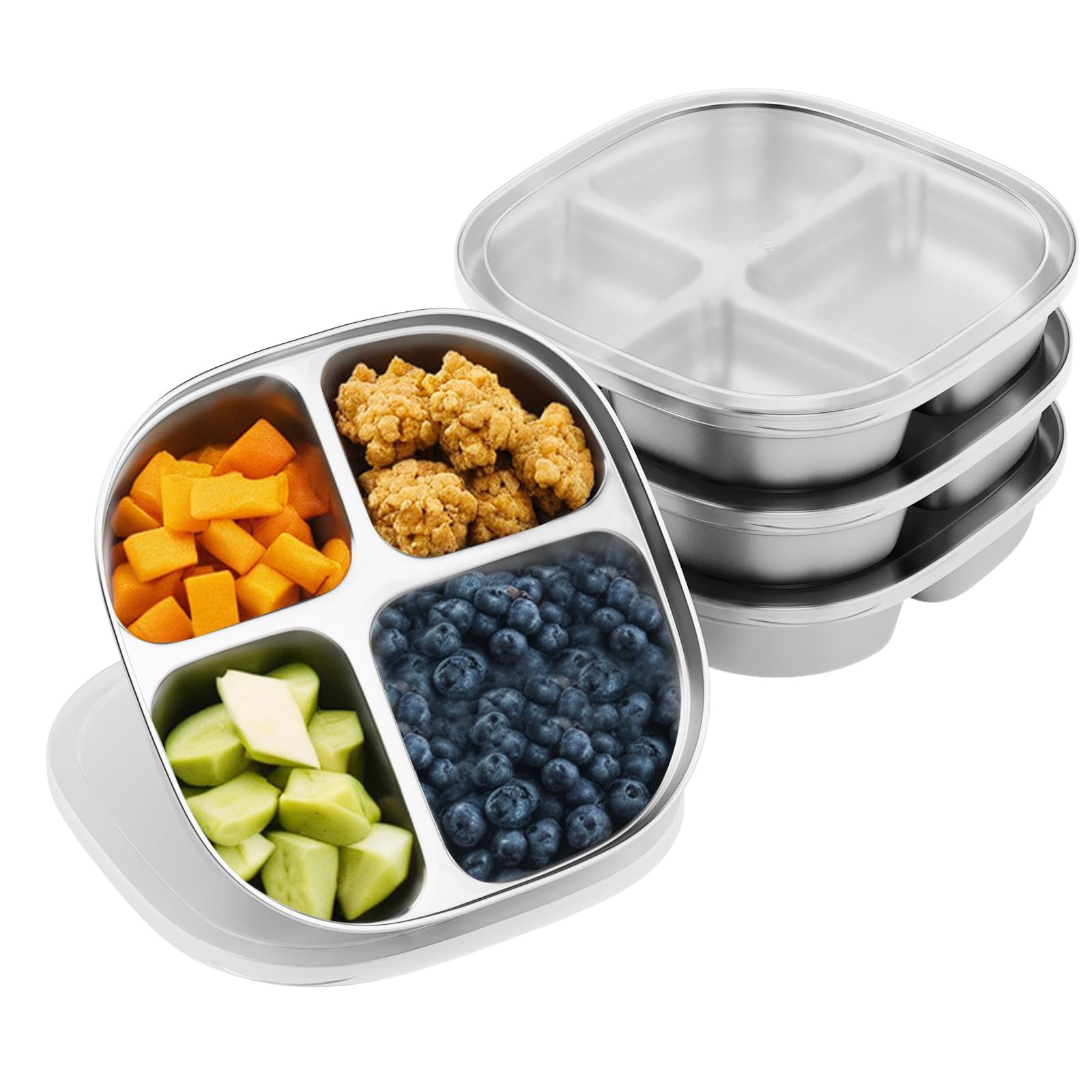 Hyperzacc Stainless Steel Kids Plates,Set of 4 Toddler Plates with Lids - 4 Compartments Stainless Steel Snack Container for Kid