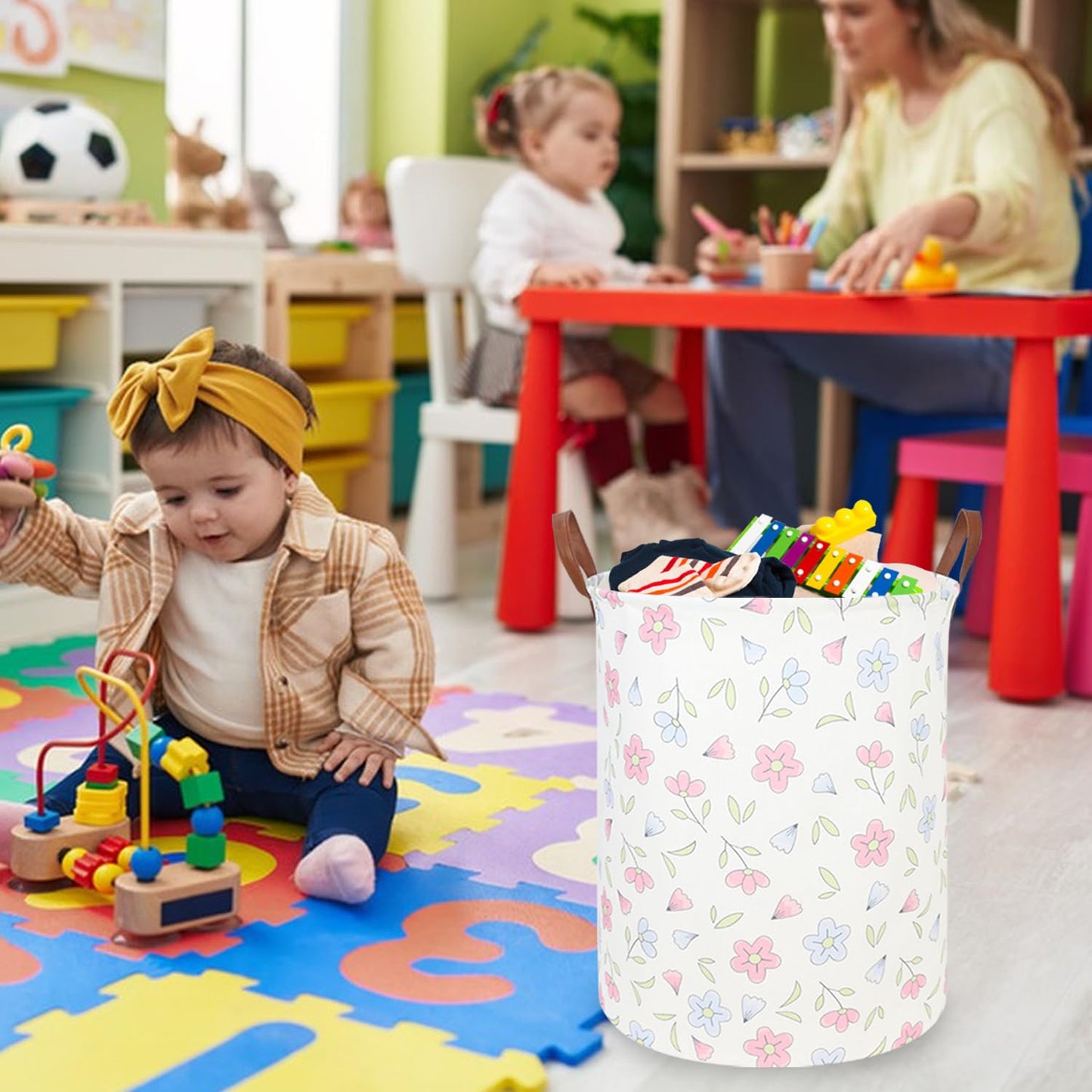 Fxocshe Flower Patter Laundry Hamper,Girls Laundry Basket,Waterproof Foldable Kid'S Laundry Basket,Baby Girls Nursery Hamper,Gif