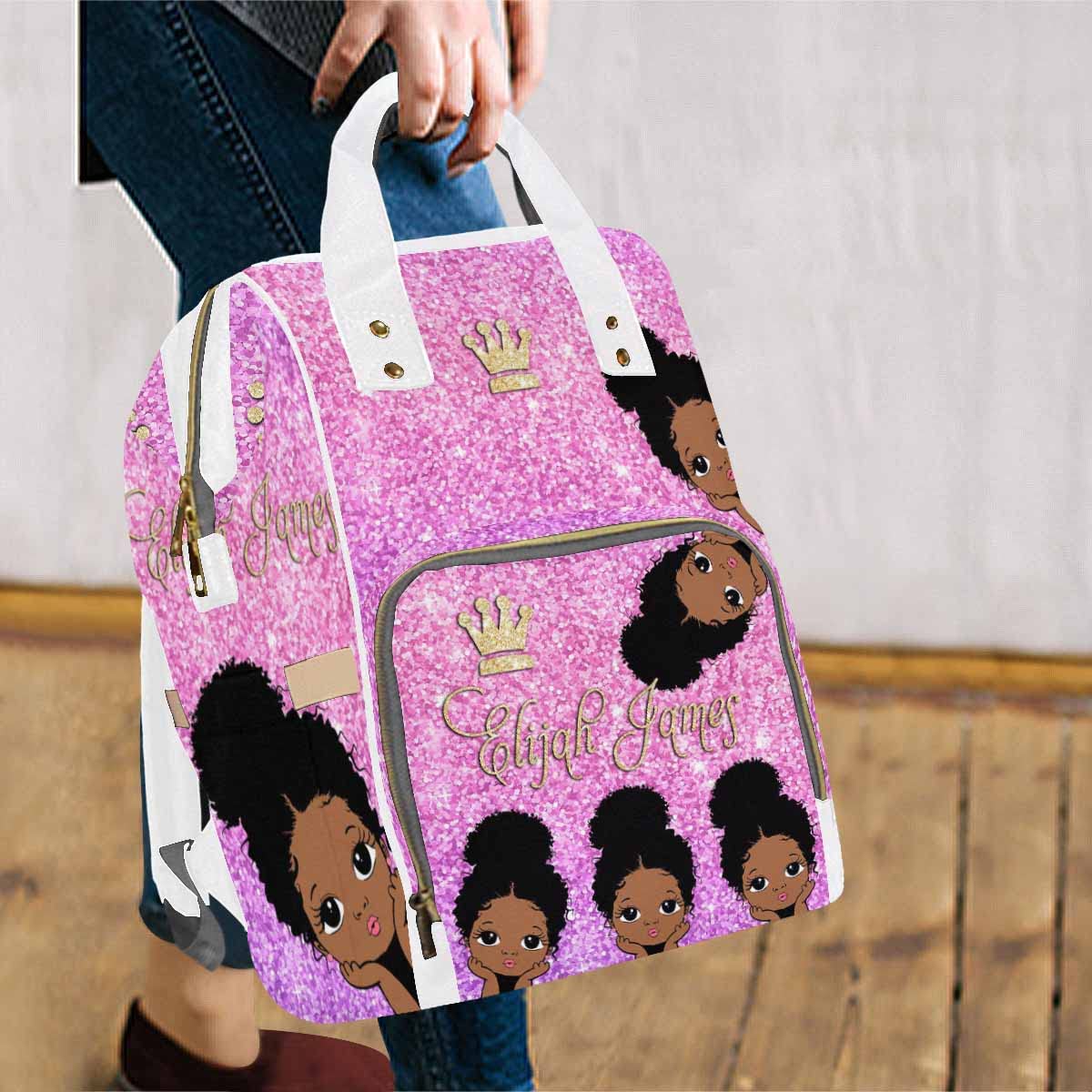 Artsadd Custom Name Diaper Bags Multi-Function Backpack, Pink Glitter Crown Travel Back Pack Customized Large Capacity Mommy Nap