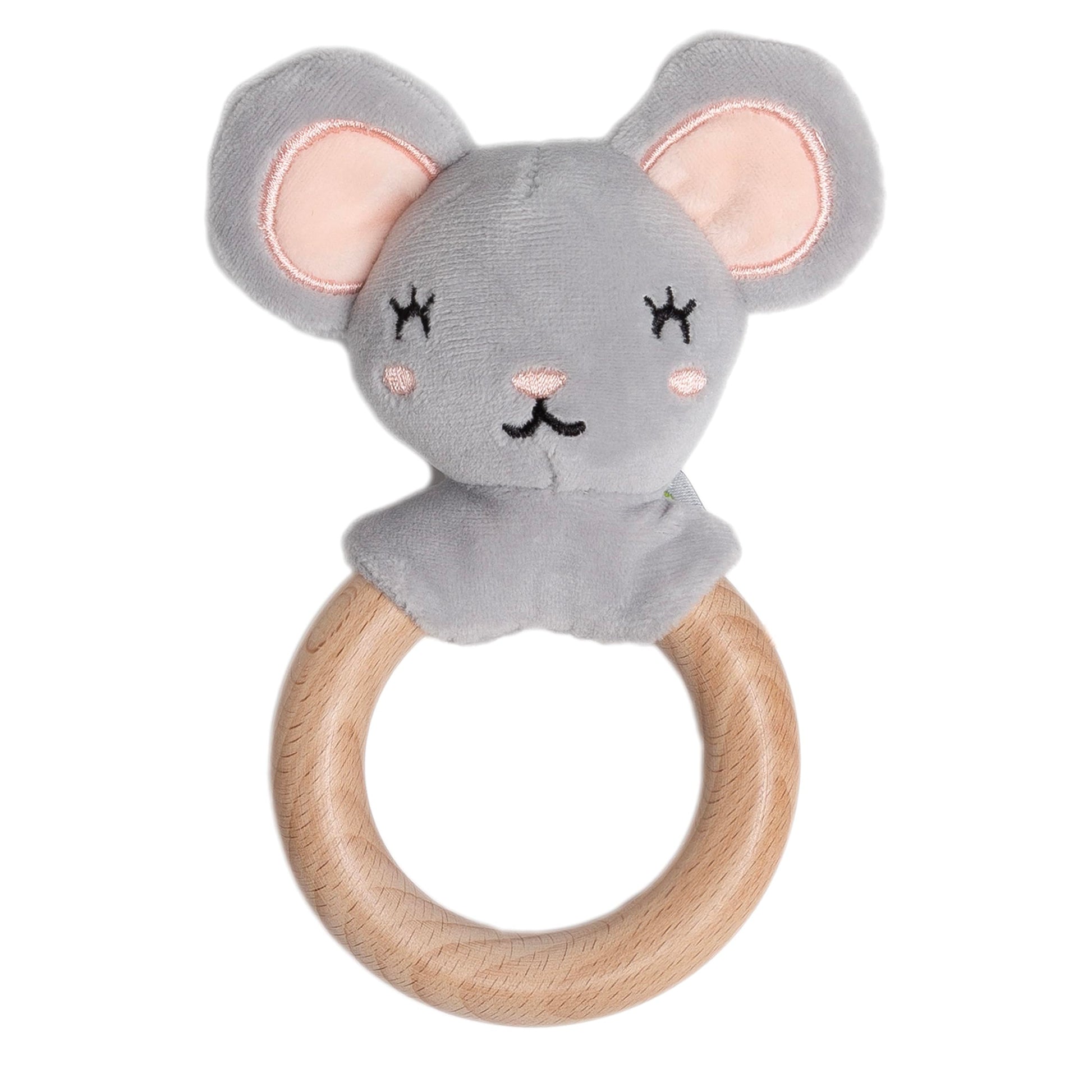 Pearhead Mouse Wooden Baby Teether - Soft Plush Lovey with Natural Wood Rattle Ring, BPA-Free, Soothes Infant Gums, Multi-Sensor
