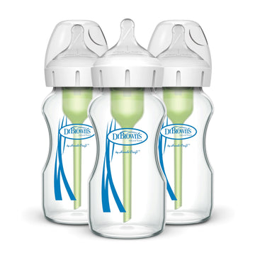 Dr. Brown'S Natural Flow Anti-Colic Options+ Wide-Neck Glass Baby Bottles 9 Oz/270 Ml, With Level 1 Slow Flow Nipple, 3 Pack, 0M