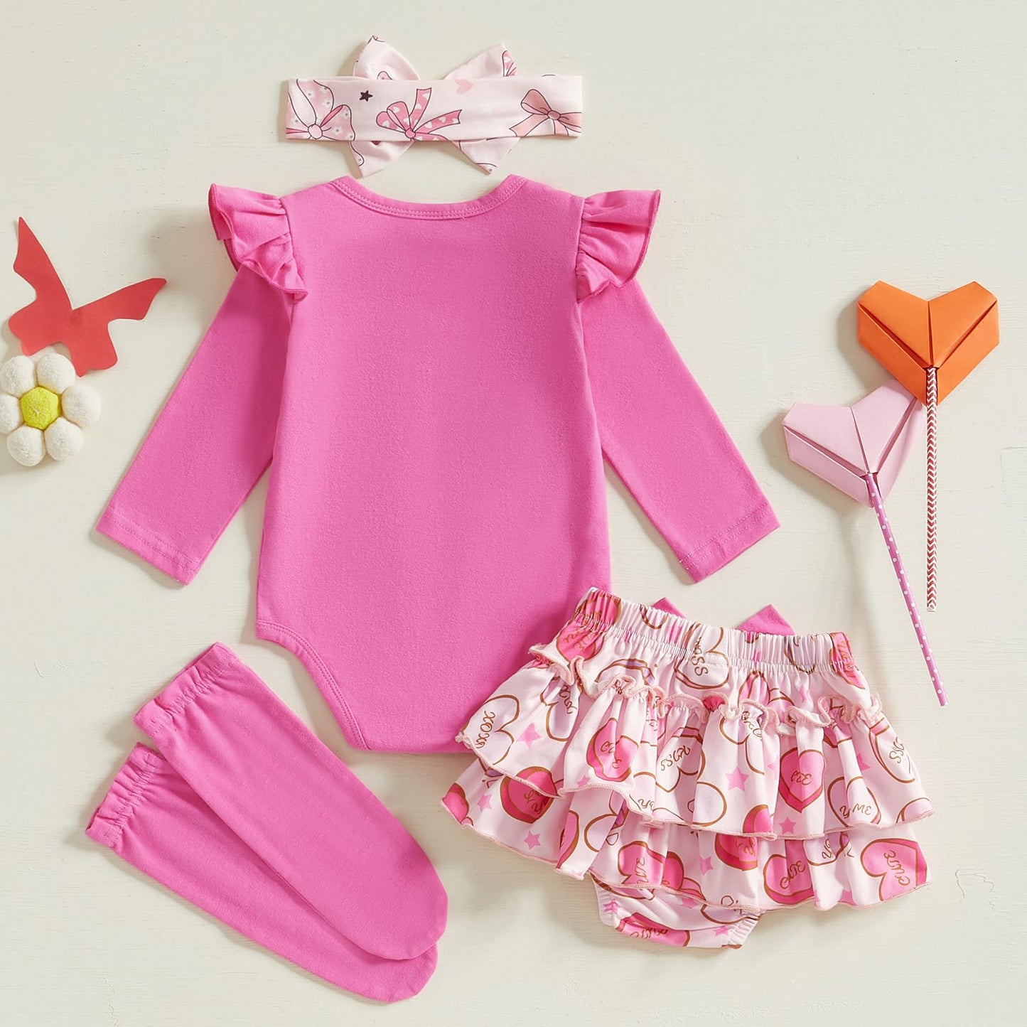 Fybitbo First Valentines Day Baby Girl Outfit Heart Letter Romper Ruffle Tutu Skirt Dress Newborn Infant Girl Clothes Set (Hot P