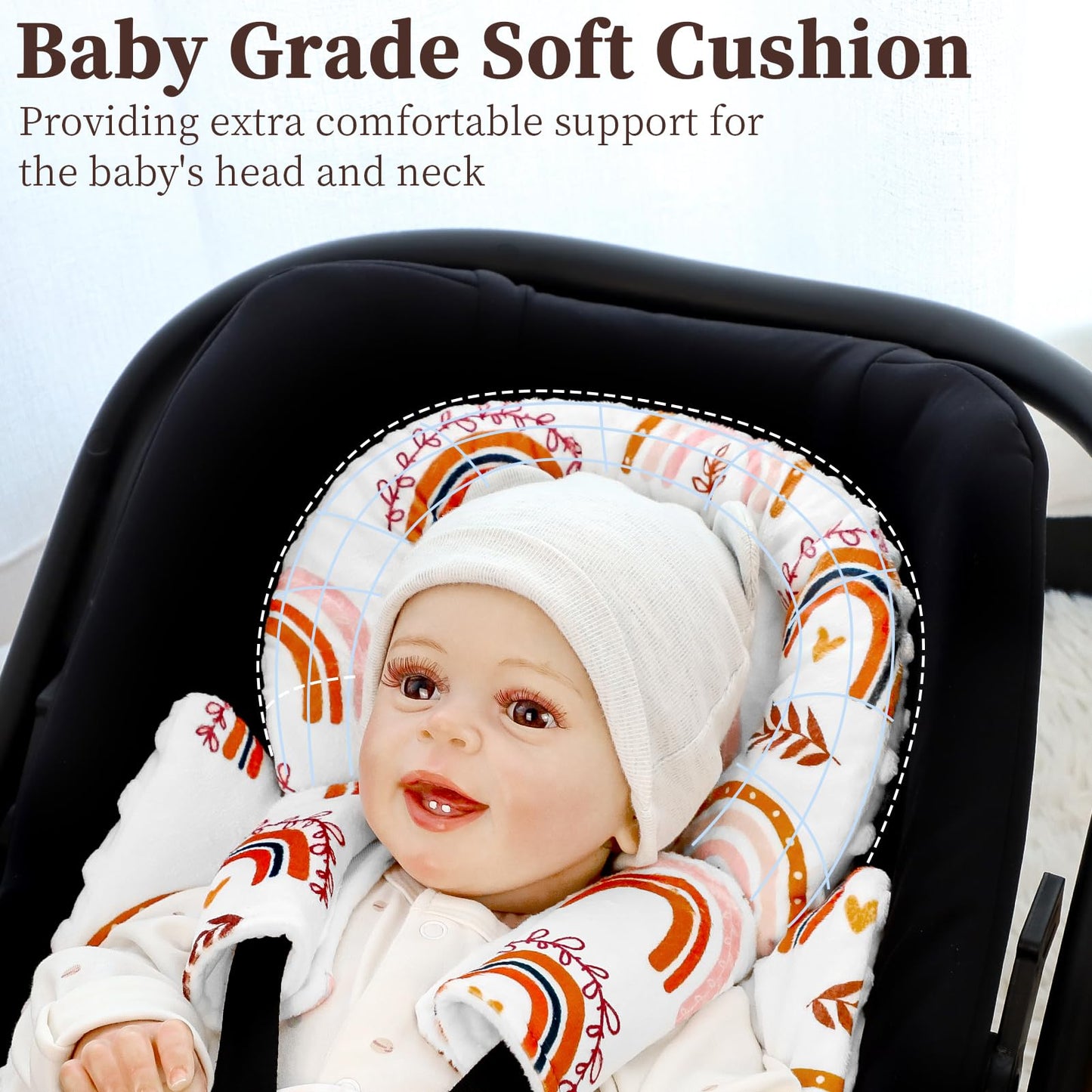 Pea Pod Infant Car Seat Insert With 3 Strap Covers, 3 In 1 Reversible Rainbow Baby Car Seat Head Support For Newborn, 3D Soft Mi