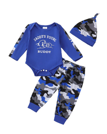 Nzrvaws 0-3 Months Newborn Baby Boy Clothes Infant Long Sleeve Blue Romper Camouflage Pants Hat 3Pc Outfits Set Fall Winter