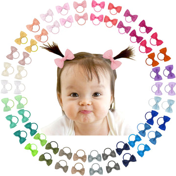 60 Pcs 2 Inches Baby Bows Hair Ties Mini Boutique Hair Bows Durable Elastic Rubber Ribbon Hair Band Accessories For Toddlers Inf
