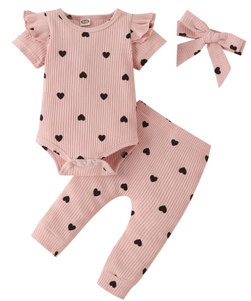 Fullfamous Infant Baby Girl Clothes Outfits,Spring Summer Romper And Pant Set 9-12 Months Pink Heart