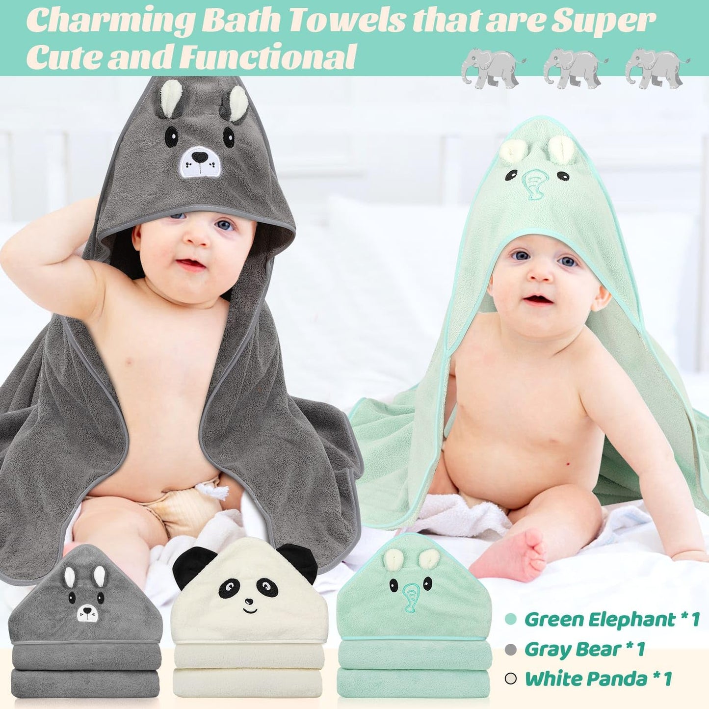 Sublaga 12 Pcs Baby Towels, 3 Pcs Soft Hooded Baby Towels & 9 Pcs Washcloths, Baby Bath Towels For Newborns, Infants & Toddlers-