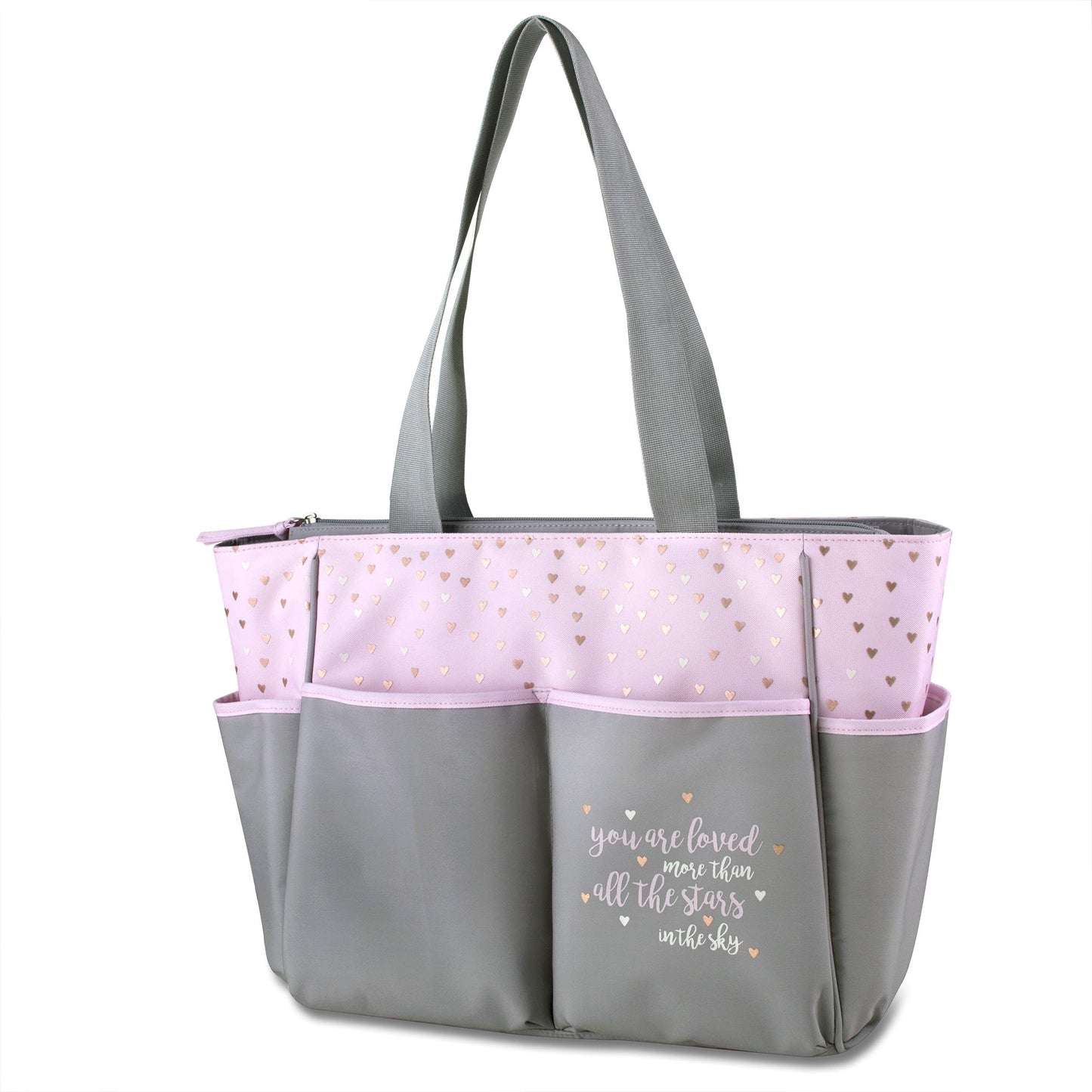 Diaper Bag Tote 5 Piece Set With Sun, Moon, And Stars, Wipes Pocket, Dirty Diaper Pouch, Changing Pad (Grey/Pink)