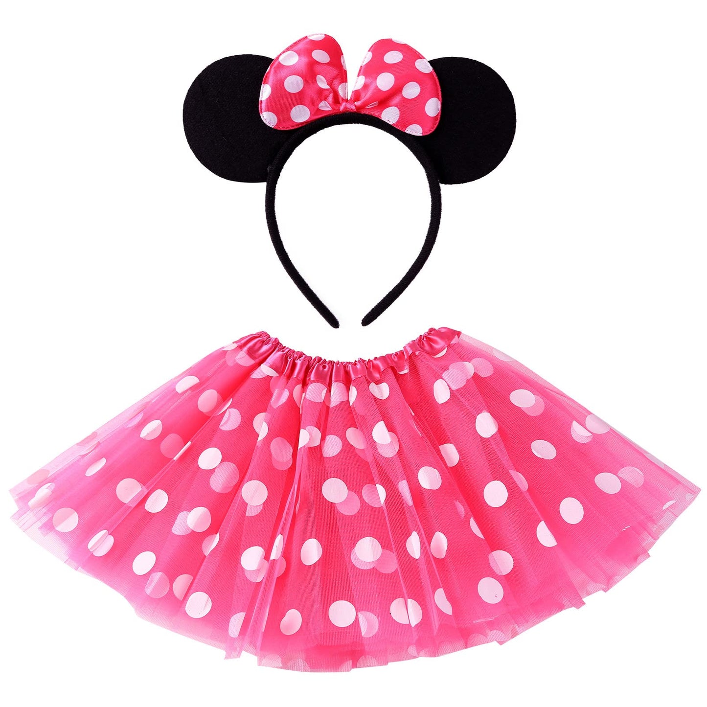 Cumwoen Polka Dots Tutu With Mouse Ears Headband Girls Halloween Costume Birthday Dress Up Accessories Hot Pink