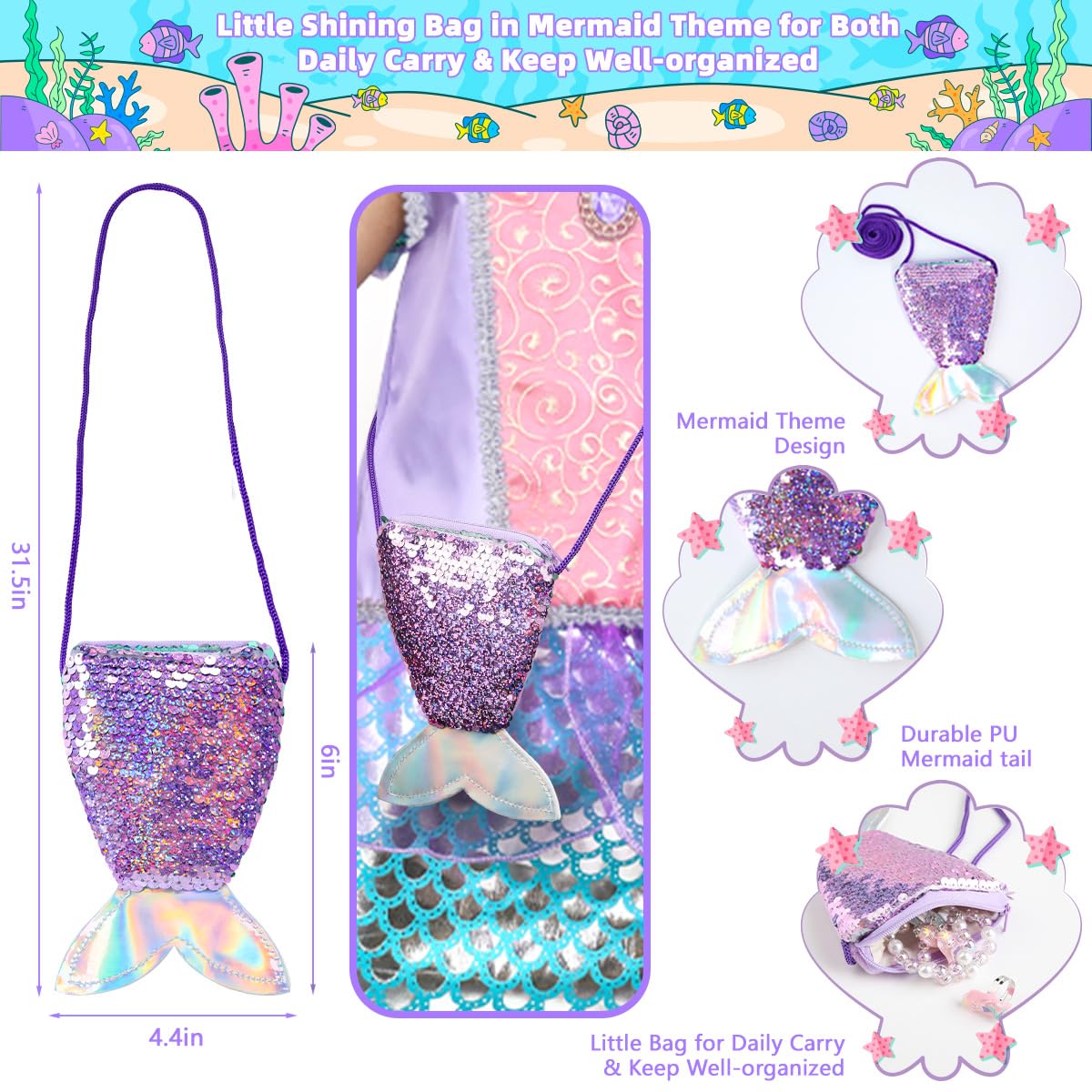 Meland Mermaid Dress For Girls - Little Mermaid Costume For Girls With Bag Princess Dresses For Girls 3-8 Birthday Gift