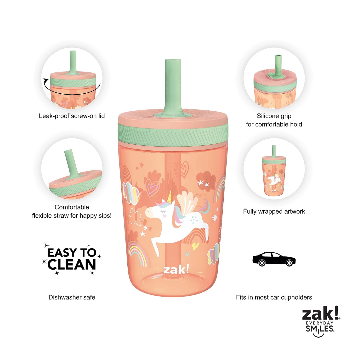 Zak Designs Kelso Tumbler Set 15 Oz, (Unicorn) Non-Bpa Leak-Proof Screw-On Lid With Straw Made Of Durable Plastic And Silicone,