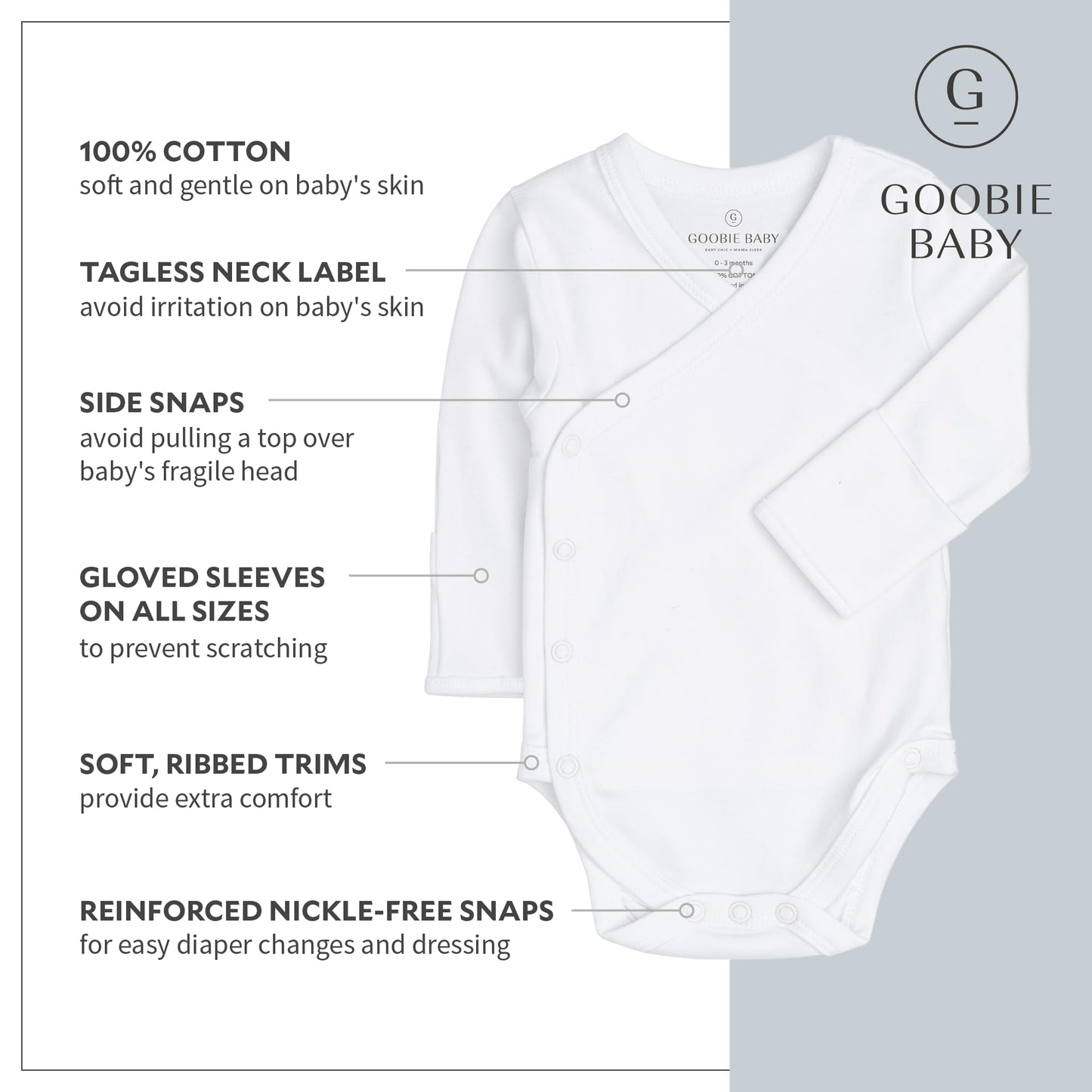Baby Side Snap Bodysuit Set, Long Sleeve Cotton Boy Girl Kimono Onesie, 4 Pack - White-Long Sleeve, 6-12 Months