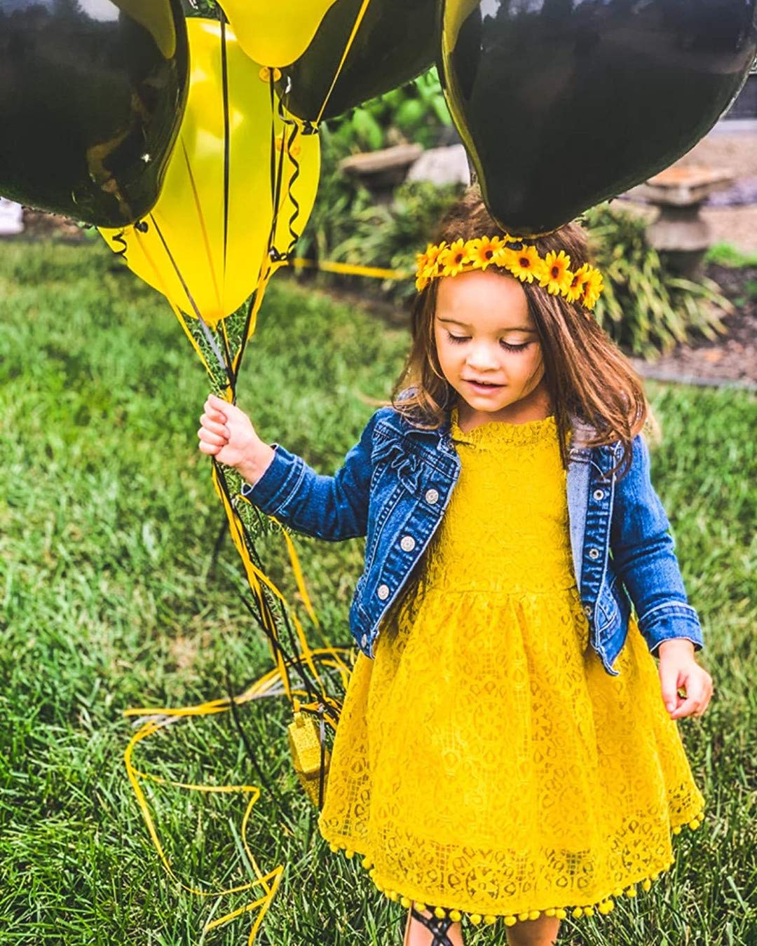 2Bunnies Girl Baby Toddler Vintage Lace Pom Pom Flutter Sleeve Easter Birthday Outfit Dress (Mustard, 7/8)