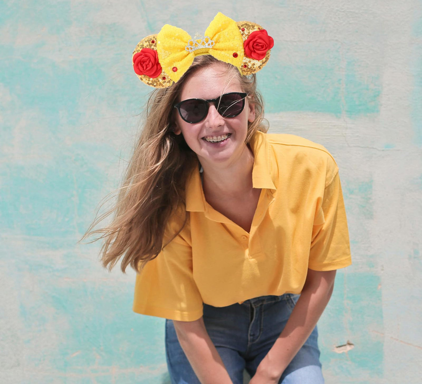 Razko Headband, Sparkle Belle Minnie Ears, Gold-Red Flower, Hairband For Disney Fans, Unisex-Kids, Unisex-Adults