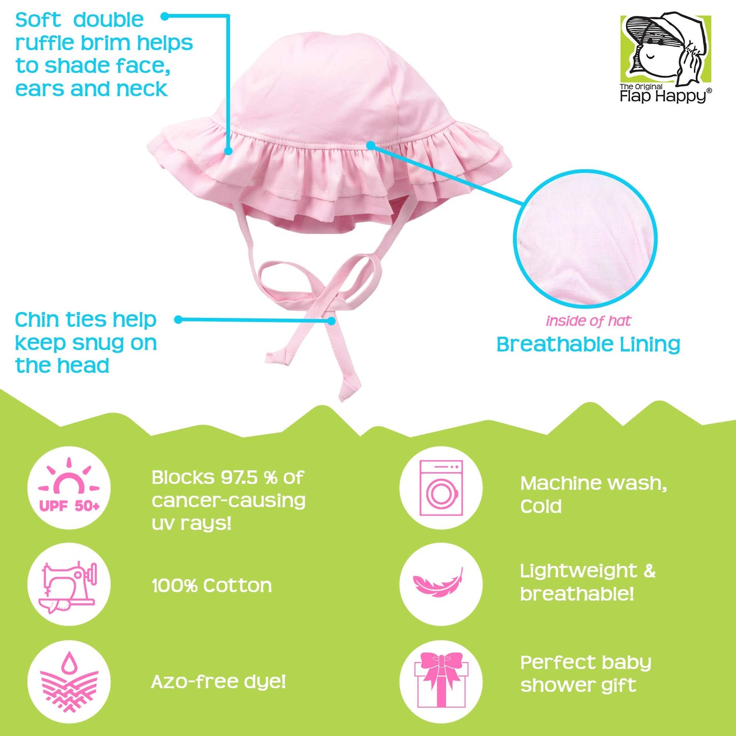 Flap Happy Baby Girls' Upf 50+ Double Ruffle Hat, Pink Stripe Seersucker, Large