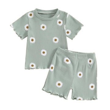 Kupretty Toddler Baby Girl Summer Clothes Ruffle Knit Daisy Floral Short Sleeves T-Shirt Tops + Shorts Cute Outfits Set (Ruffle