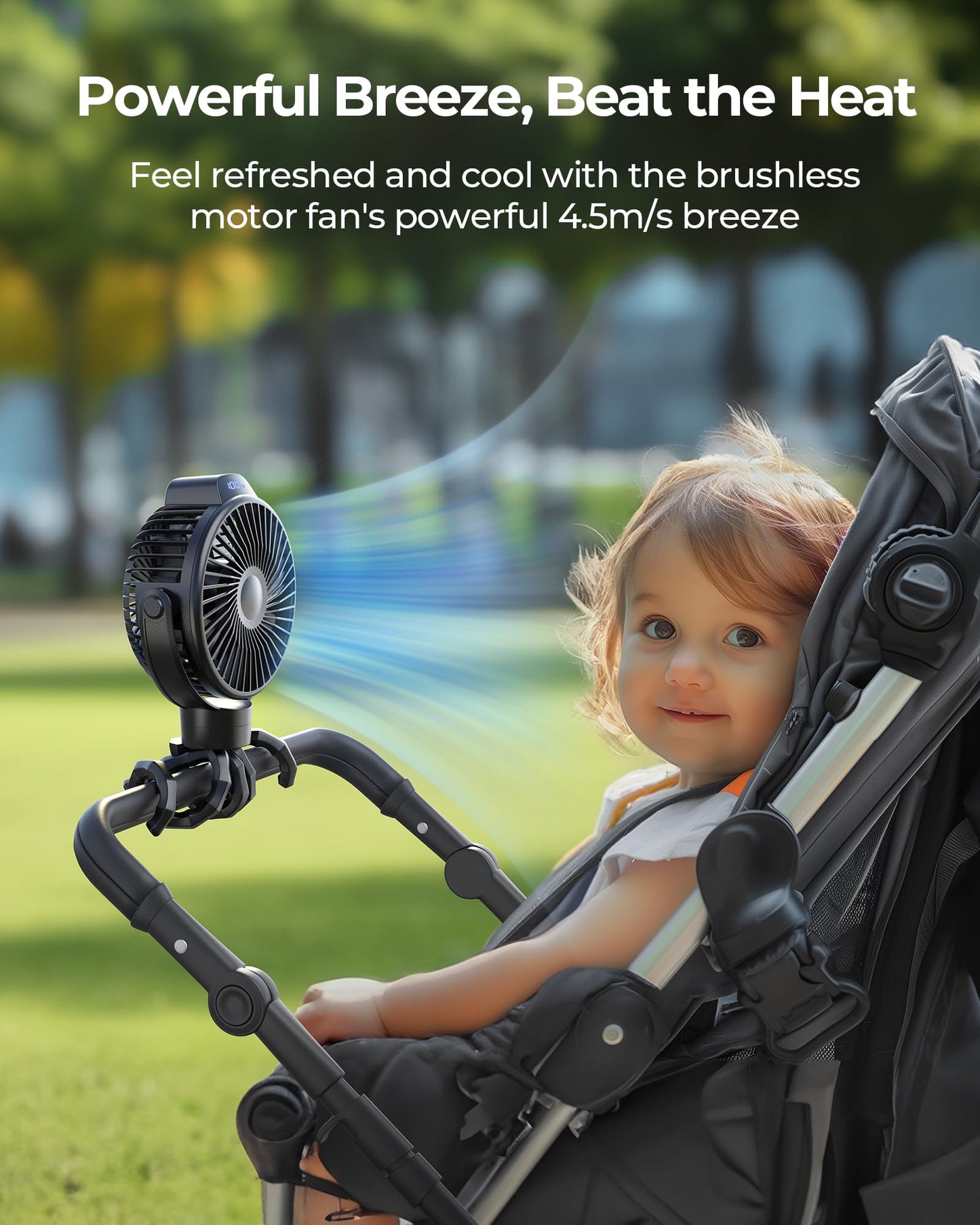 Koonie Portable Stroller Fan For Baby, Rechargeable Battery Operated, 3 Speeds, 360 Rotation, 25Db Low Noise,Digital Display, De