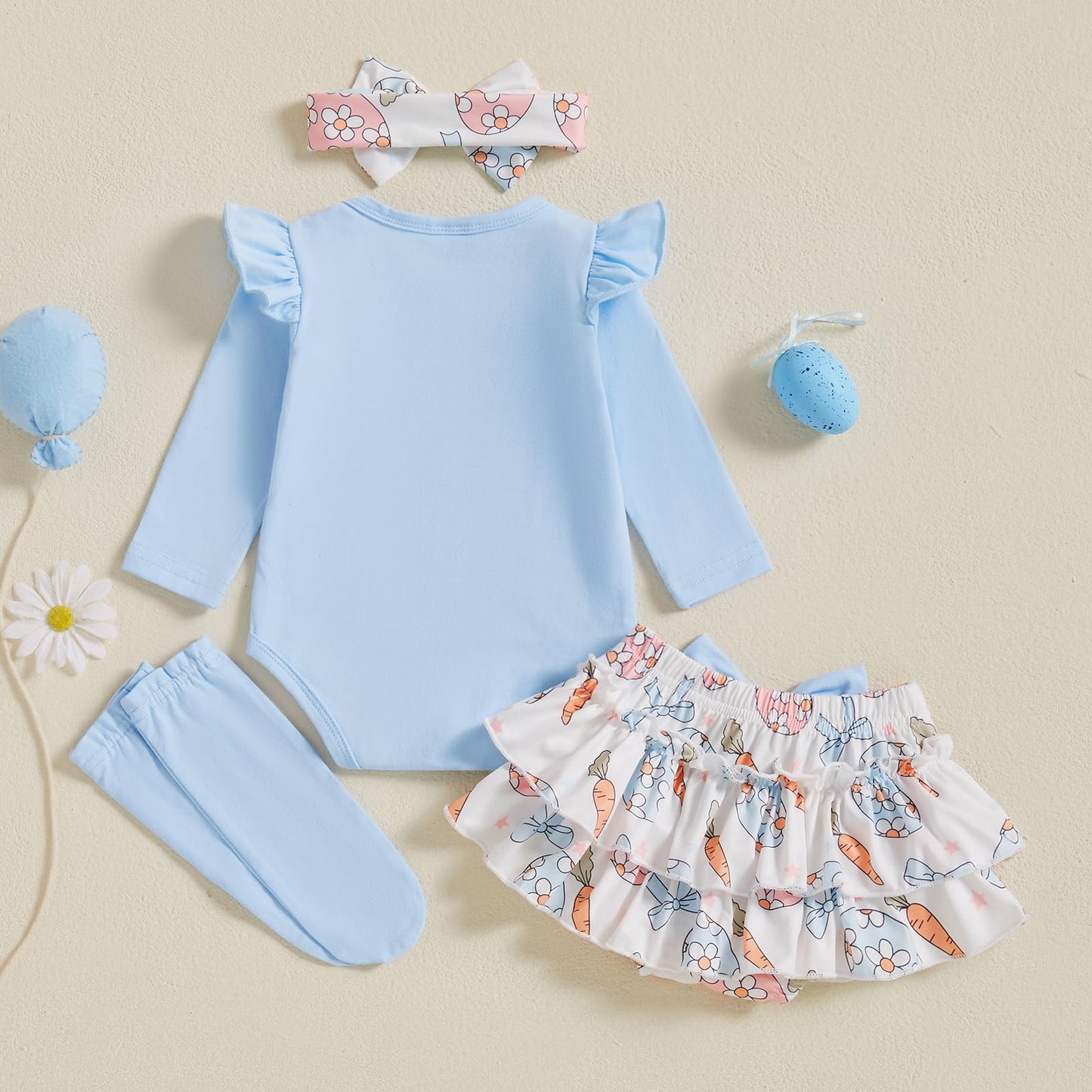 Beqeuewll Newborn Baby Girl Easter Outfit Bunny Clothes Long Sleeve Romper+Bloomers Tutu Skirt+Socks+Headband 4Pcs (First Easter