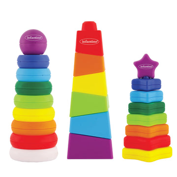 Infantino Tower Stackers Playset, Multicolor Rainbow-Themed Stacking Towers for Babies 12M+, 3-Style Set, Rings, Squares & Stars