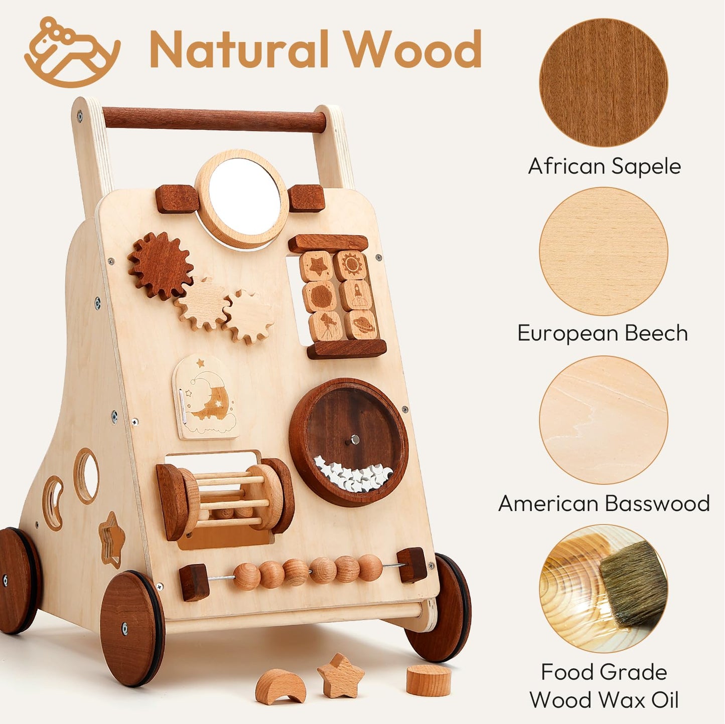 Woodtoe Wooden Baby Walker, Adjustable Speed Push Walker, Montessori Walker for Boys and Girls, Baby Activity Center, Sit to Sta