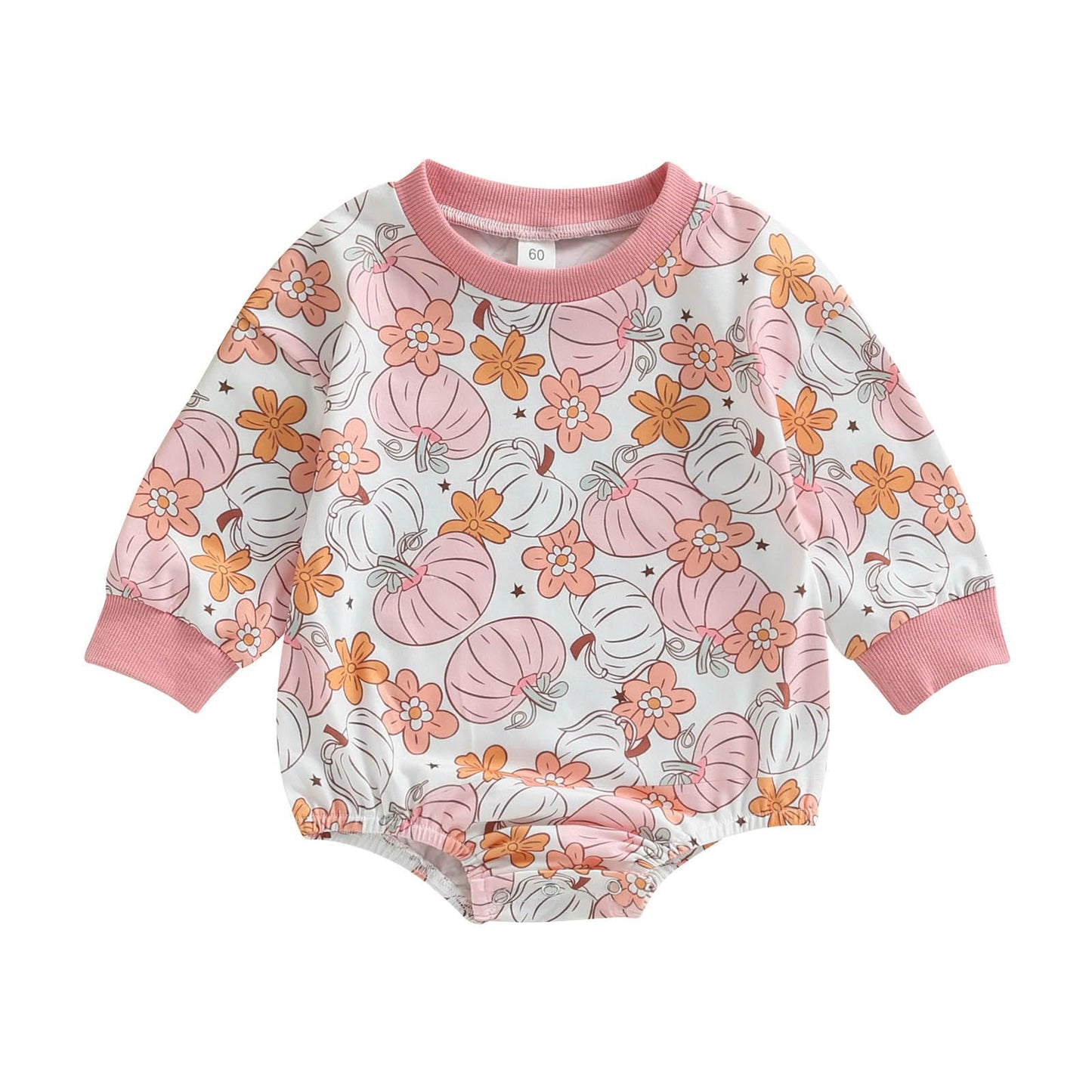 Halloween Newborn Baby Girl Outfit Pumpkin Sweatshirt Romper Long Sleeve Romper Jumpsuit Infant Fall Winter Clothes (Flower, 0-3