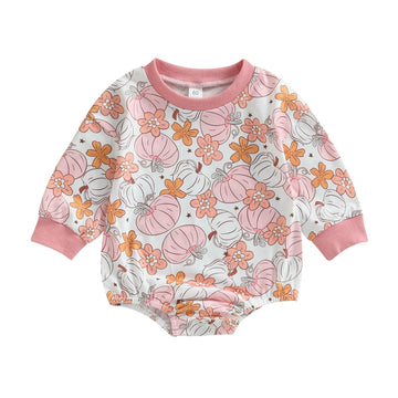 Halloween Newborn Baby Girl Outfit Pumpkin Sweatshirt Romper Long Sleeve Romper Jumpsuit Infant Fall Winter Clothes (Flower, 0-3