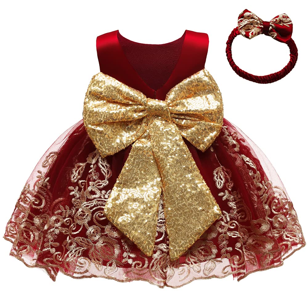 Flower Girls Dresses Wedding Baby Birthday Party Christmas Easter Pageant Event Prom Lace Dress (Burgundy,90)