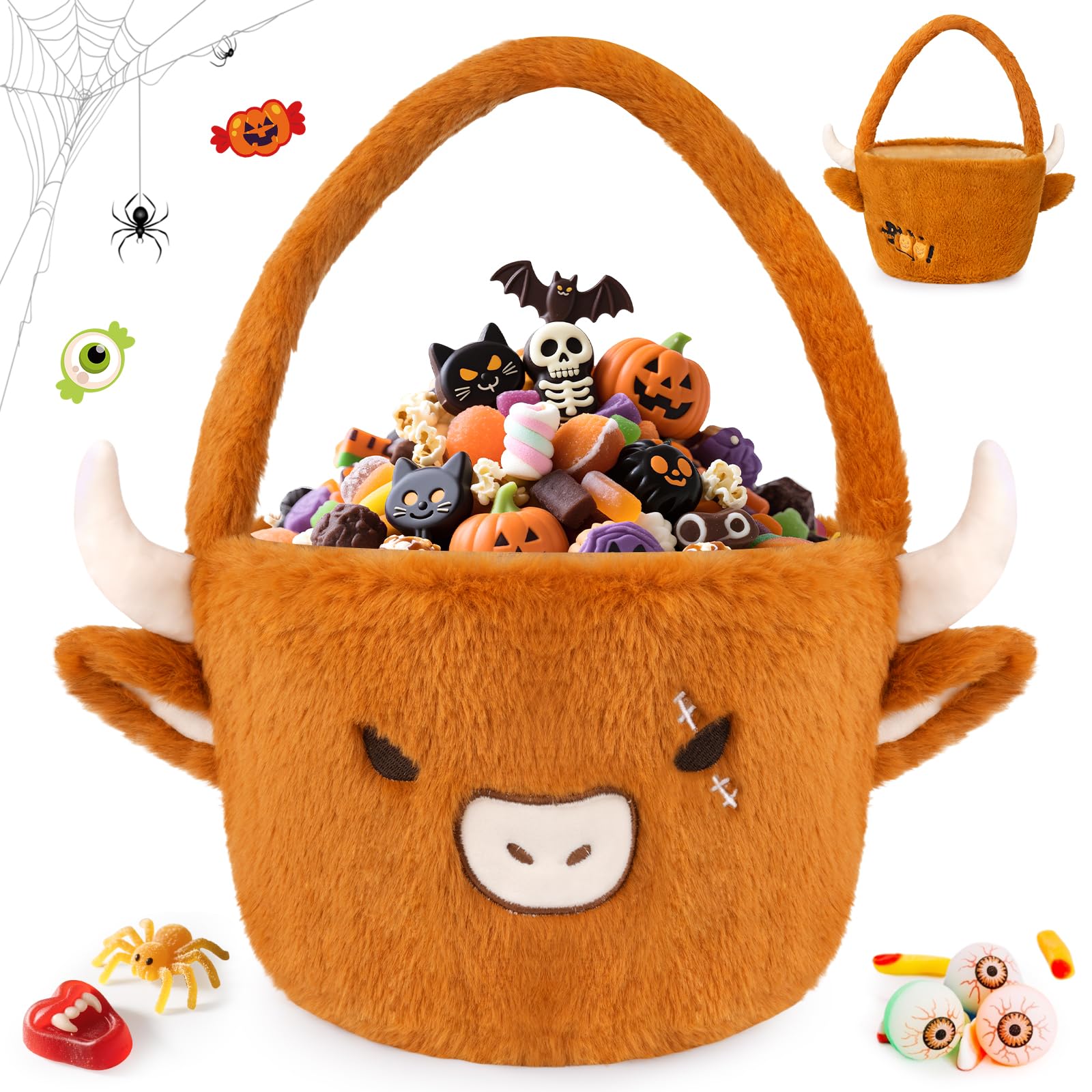JIZWPOOM Halloween Basket, Highland Cow Pumpkin Plush Bucket,Trick or Treat Basket with Handle, Gift Candy Storage for Kids, Hal