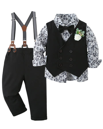 Yallet Toddler Baby Boy Clothes Suit Gentleman Wedding Outfits, Formal Dress Shirt+Bowtie+Vest+Boutonniere+Suspender Pants(V Bla