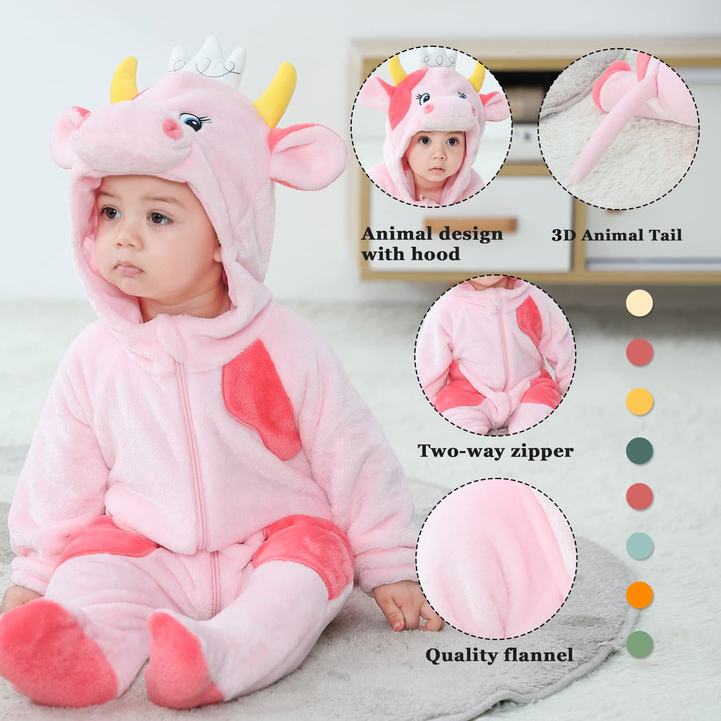Tonwhar Unisex Baby Animal Halloween Costume Kid'S And Toddler'S Autumn Winter Outfits Jumpsuit (3-4 T,Pink Cow)