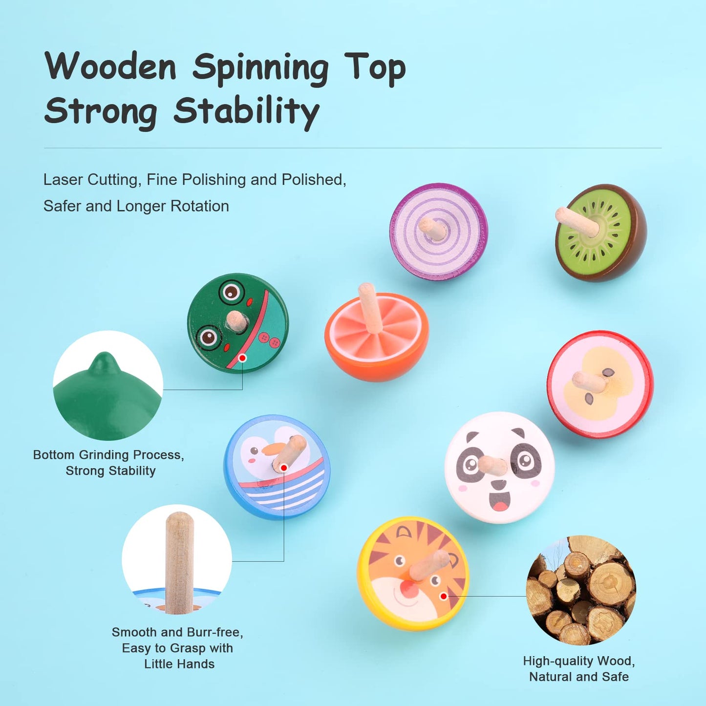 Wodi Wooden Spinning Tops, 16 Pcs Wood Novelty Gyroscopes, Kids Handmade Painted Spinner, Kindergarten Toys, Vintage Craft Spin