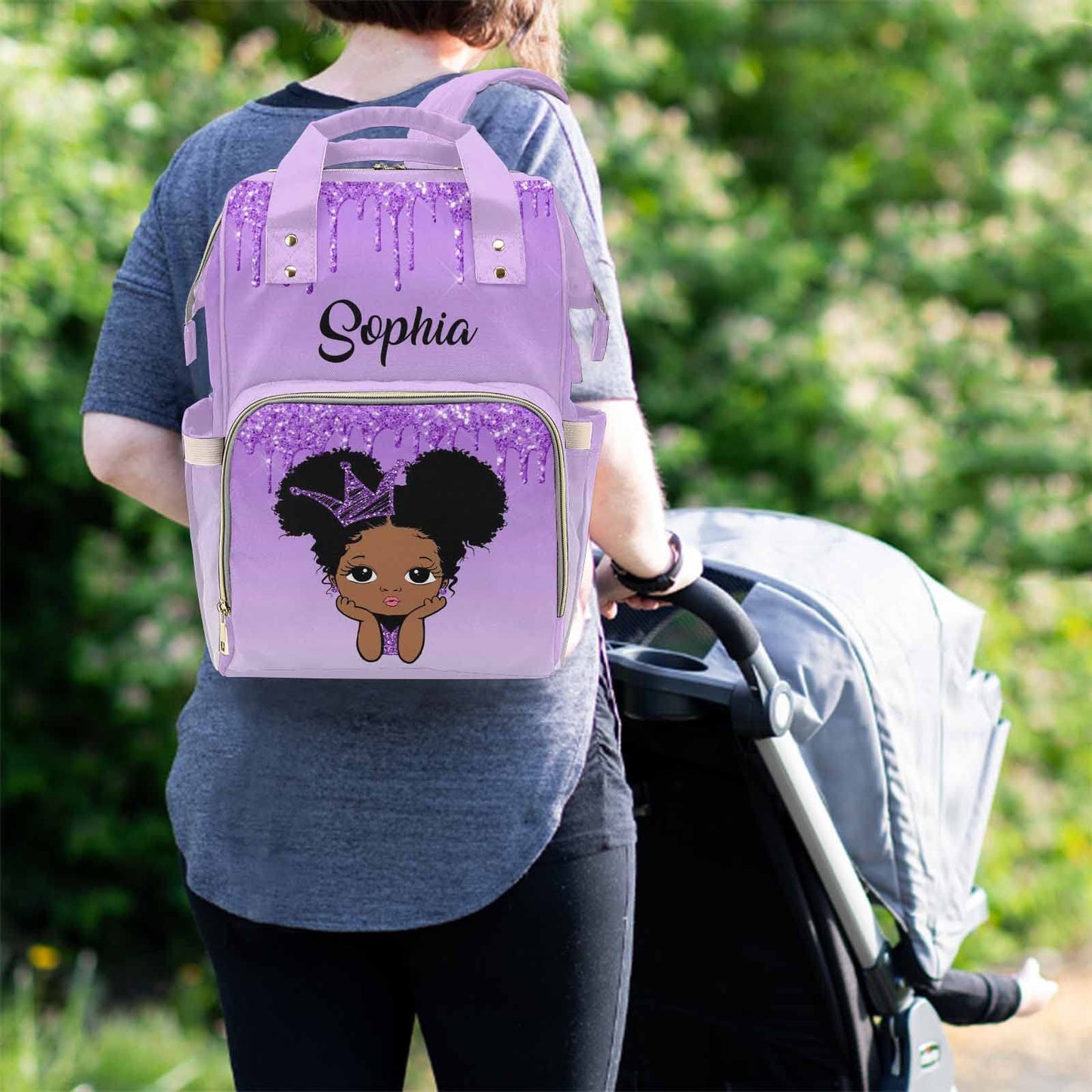 M Yescustom Custom Name Diaper Bag, Personalized Purple Glitter Nylon Nursing Mommy Bags Gradient Waterproof Travel Backpack Wit