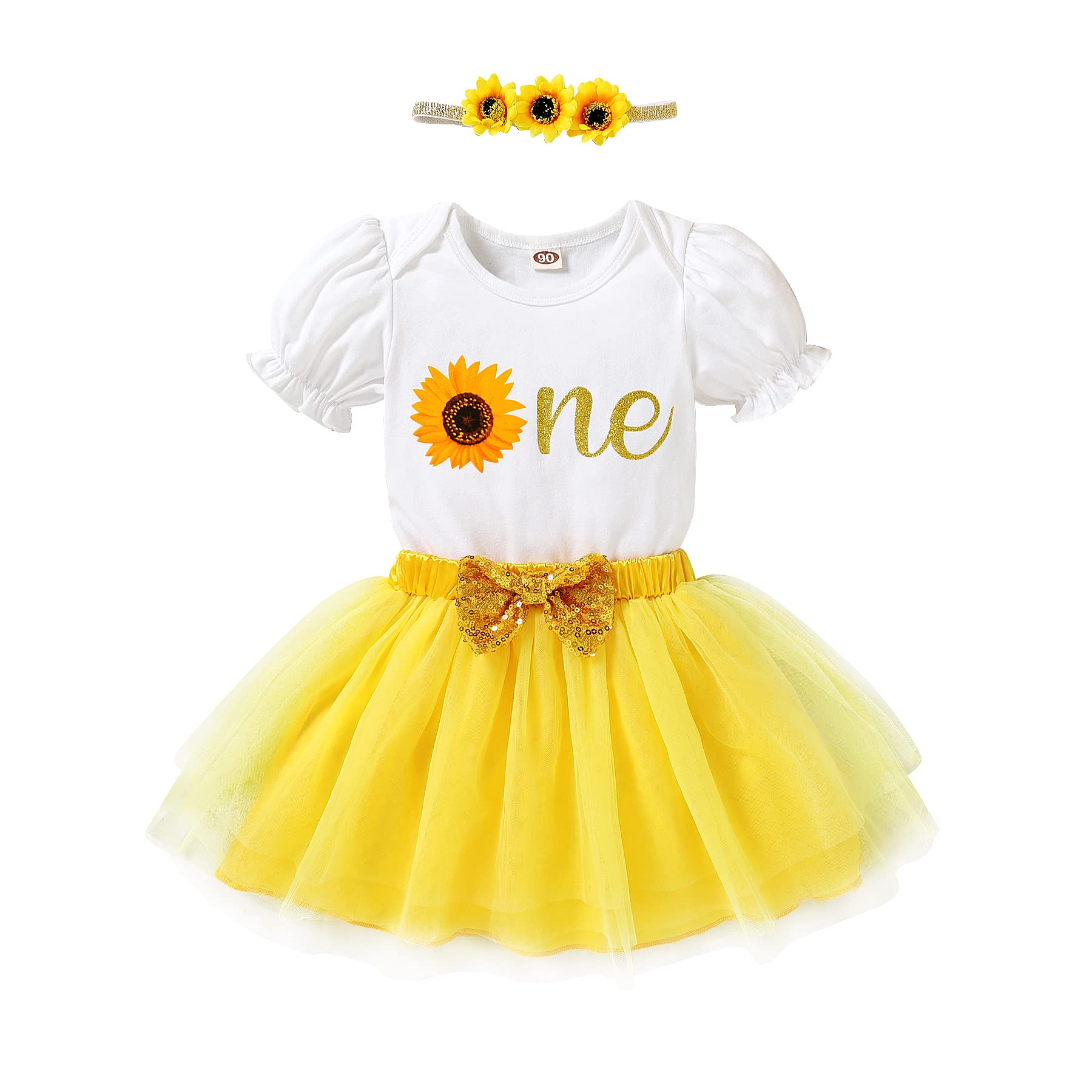 Happyma Baby Girls One 1St Birthday Outfit Sunflower Romper Tulle Tutu Skirt Seq WBBAPB09ZV535YP