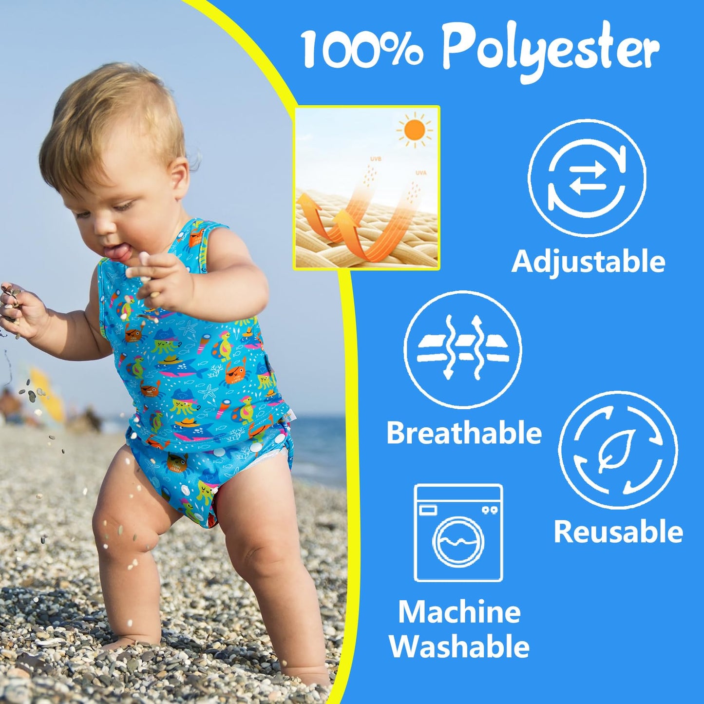 Babygoal Neutral Swim Diapers 3 Pack For 8M-3T Babies And Toddlers, Reusable Adjustable Washable For Baby Girl And Boy Swimming
