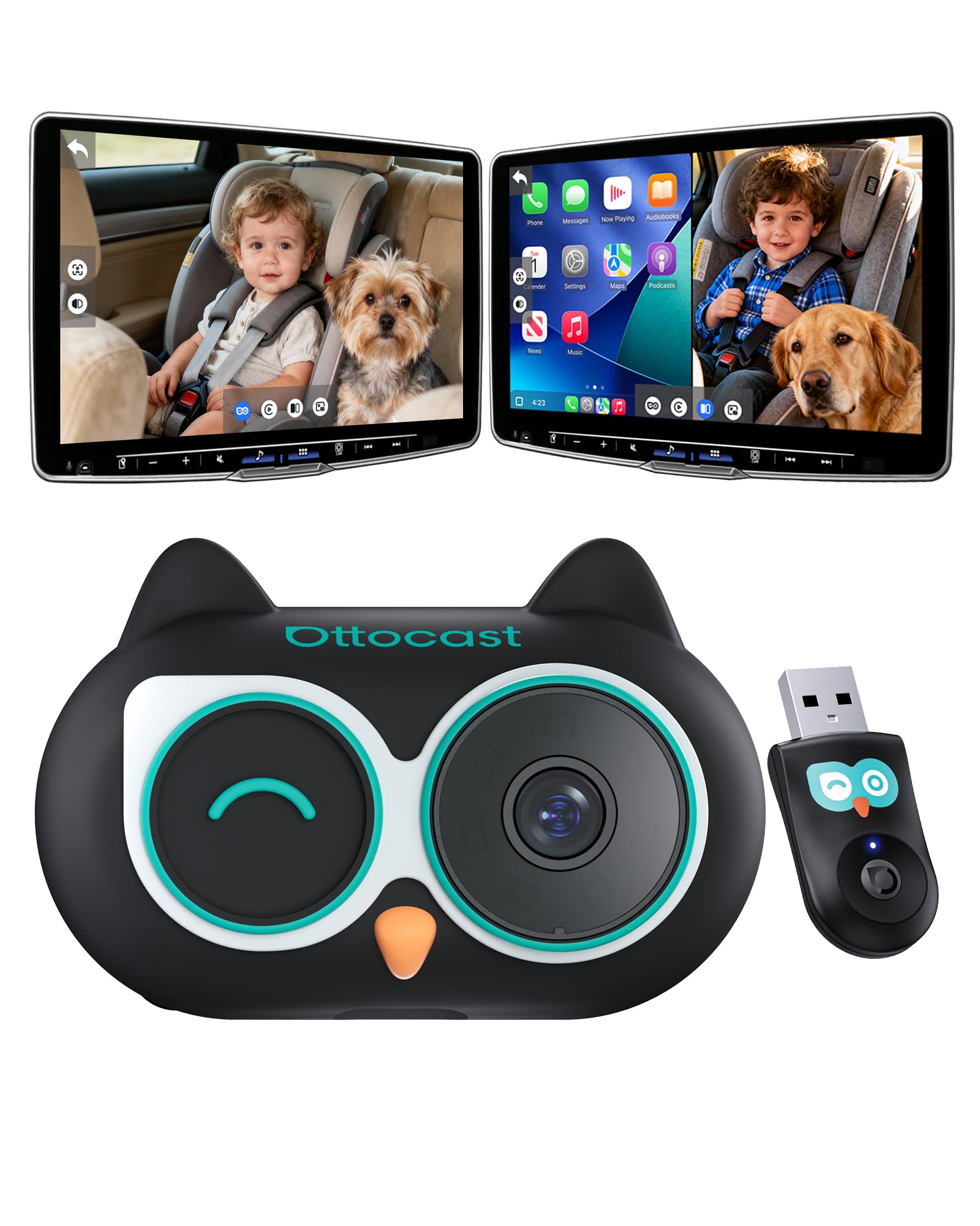 OTTOCAST Baby Car Camera &Wireless CarPlay Adapter,1080P HD Rear Seat Monitor Display on Car Screen,150Wide Angle No-Glow Night 