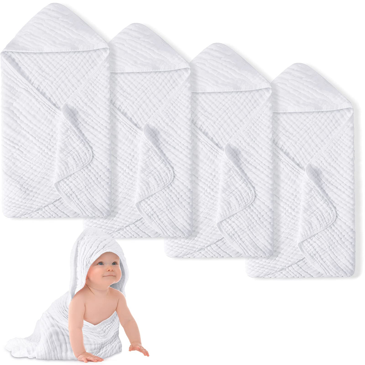 Chumia 4 Pieces Muslin Hooded Baby Towels for Newborn Girls Boys 32inchx 32inch Cotton Infant Bath Towel Absorbent Unisex Hooded Blank