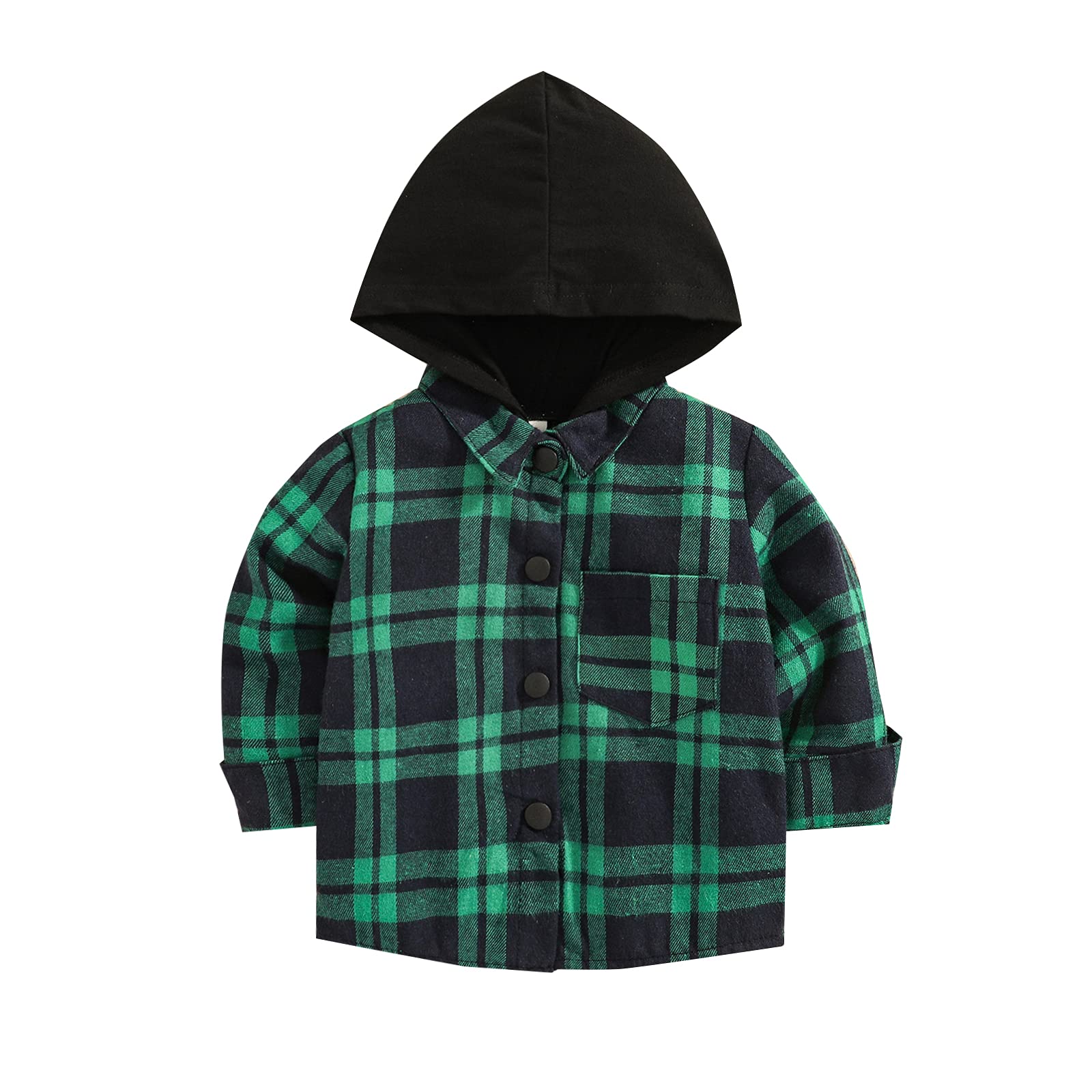 Kids Little Boys Girls Baby Long Sleeve Button Down Hooded Plaid Shirt Red Plaid Flannel Outfits (6-12 Months, Green)
