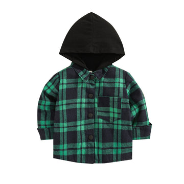 Kids Little Boys Girls Baby Long Sleeve Button Down Hooded Plaid Shirt Red Plaid Flannel Outfits (6-12 Months, Green)