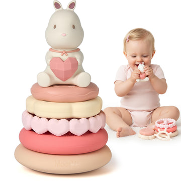 Moonkie Bunny Baby Stacking Toys | 7-Piece Silicone Rings for Teething Relief | Educational Toy for Infants & Toddlers 6 Months+
