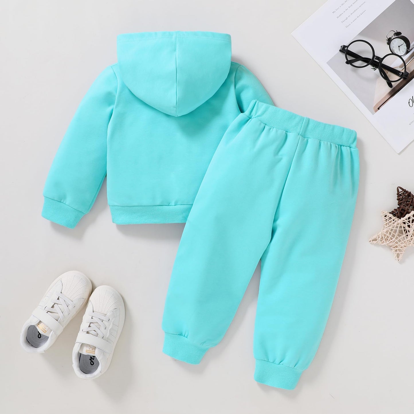 Happy Town Toddler Fall Outfits For Girl Boy Long Sleeve Hoodie Top And Long Sweatpants Set Toddler Sweatsuit (Solid Color-Blue,
