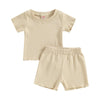 Kupretty 2Pcs Toddlers Baby Girls Summer Clothes Set Ruffle Ribbed Knit Short Sleeves T-Shirt Tops Shorts Cotton Outfits (Beige,
