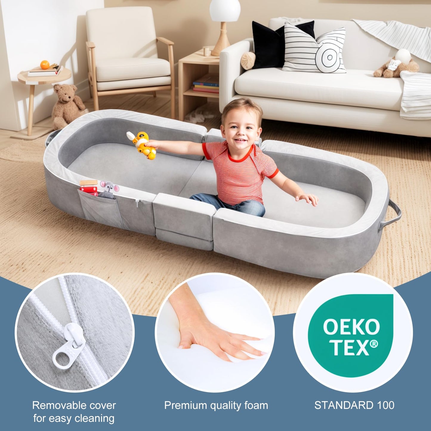 Reawul Foldable Toddler Travel Bed, Portable Folding Floor Bed With Washable Cover,Soft And Safe Foam Crib(Silver Gray)