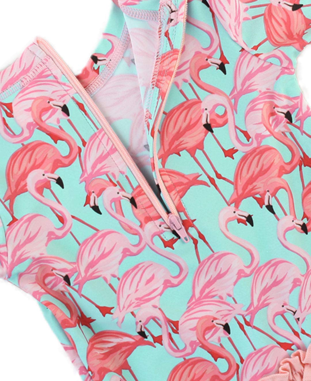 RuffleButts Baby Girls UPF 50+ Sun Protection Tropical Print Long Sleeve One Piece Rash Guard Swimsuit with Zipper - Fab Flaming