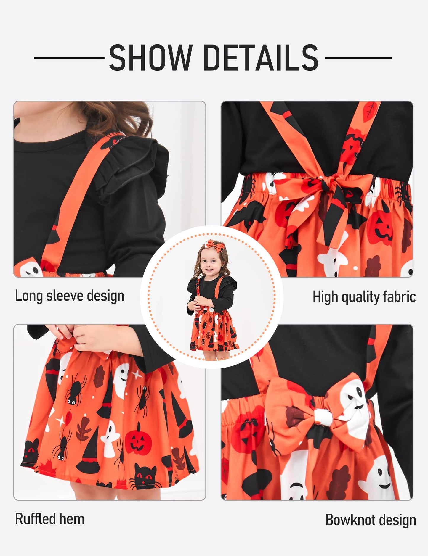 Xuuly Halloween Dress Outfit Newborn Baby Girl Clothes Ruffle Romper Top Suspender Pumpkin Bat Ghost Skirt Outfit Set With Headb