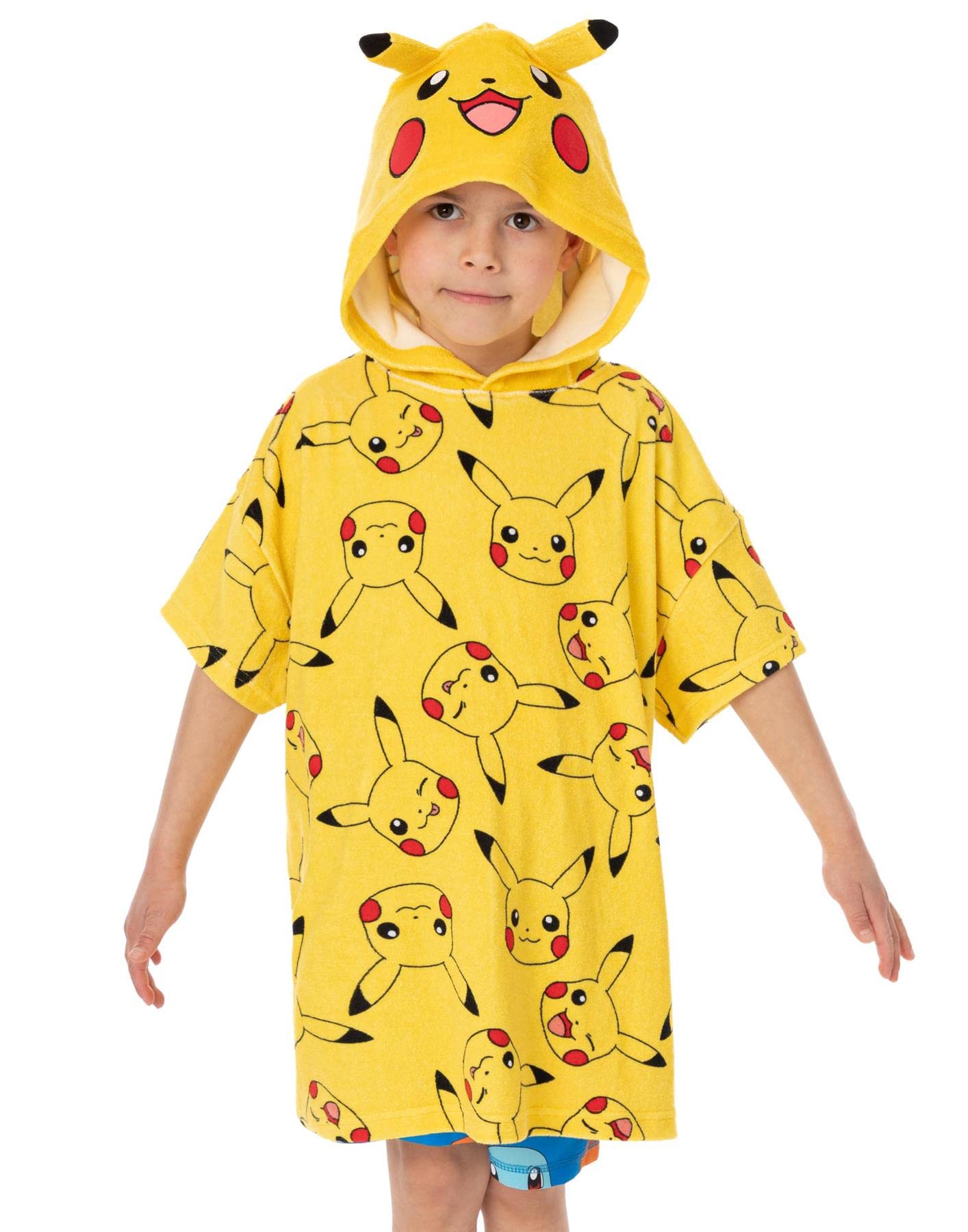 Pokemon Kids Towel Poncho | Yellow Anime Bath Towel with 3D Ears | Pikachu All Over Print Swimwear Graphic Changing Robe