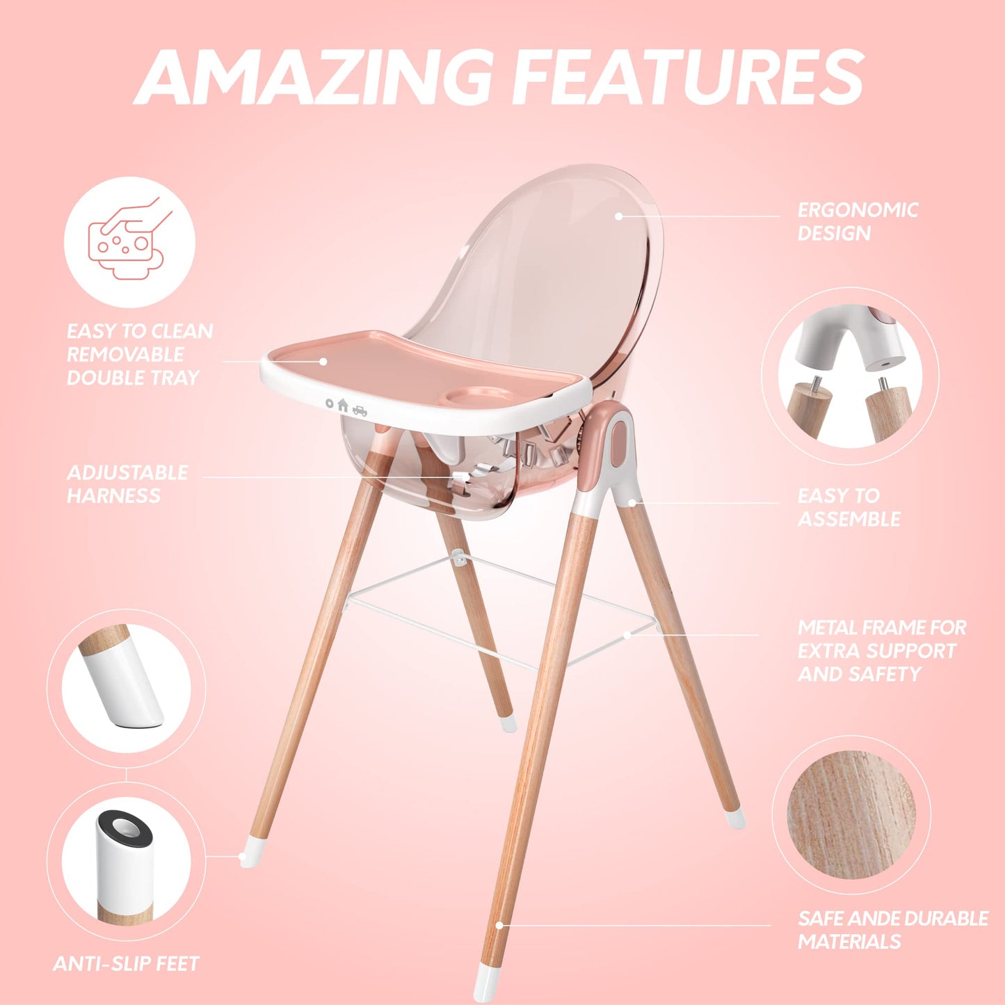 Children Of Design 6 In 1 Deluxe Wooden High Chair For Babies & Toddlers, Modern Safe & Compact Baby Highchair, Easy To Clean, R