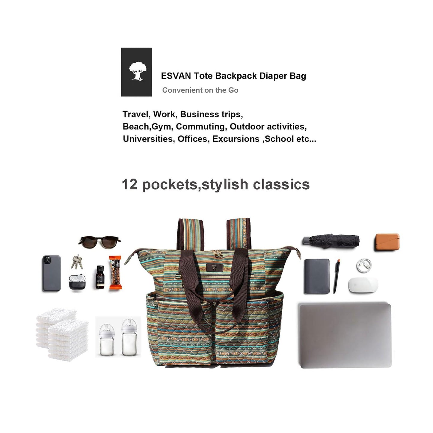 Esvan Diaper Tote Bag Backpack 2 In 1 For Women Multifunctional Large Capacity With Insulated Pockets Travel